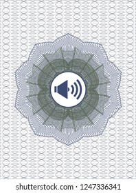 Blue and green passport style rossete with sound icon inside