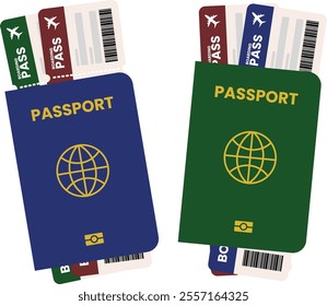 Blue and Green Passport with Two Boarding Pass for Travel Around the World