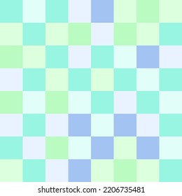 Blue and green pastel checkerboard pattern background.