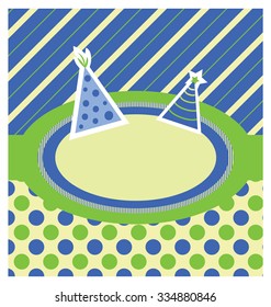 Blue green patterned background. Birthday card template with party hats vector icons.