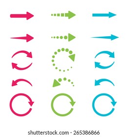 Blue, green and pink arrows set on white background. Vector illustration.