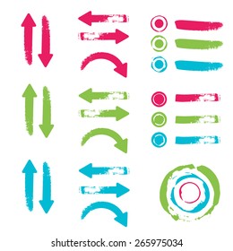 Blue, green and pink grunge arrows set on white background. Vector illustration.