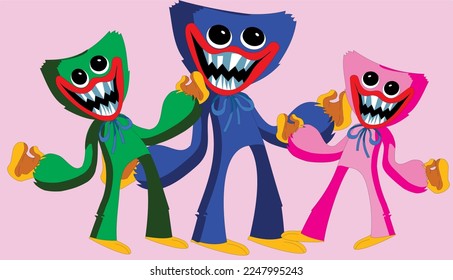 Blue Green and Pink Huggy Wuggy on a pink  background
