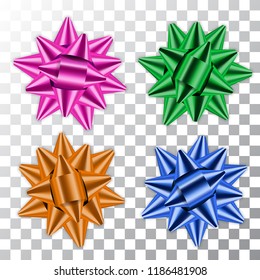 Blue, green, pink, orange bow 3d ribbons set. Decor element Shiny color decorations gift present, holiday design, isolated white transparent background. Symbol Christmas, New Year Vector illustration