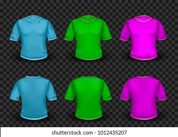 Blue green pink and purple empty t-shirt template with shaow on transparent background. Human shirt clothes set collection