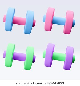 Blue, green, pink, purple, violet Dumbbell Realistic icon, 3d render. Isolated on white backround. Sport And Fitness design set. Vector illustration for shop, flyer, banner, web, advertising, sale