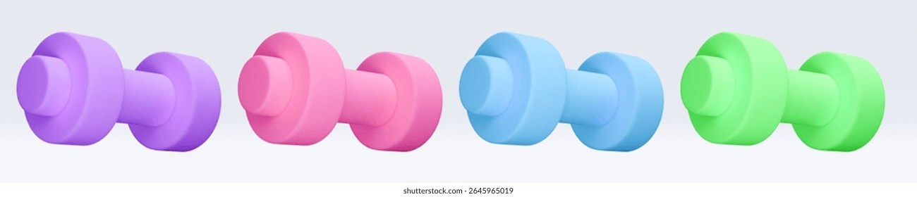 Blue, green, pink, purple, violet Dumbbell Realistic icon, 3d render. Isolated on white backround. Sport And Fitness design set. Vector illustration for shop, flyer, banner, web, advertising, sale