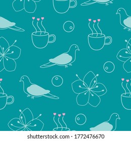Blue green and pink summer or spring theme illustrations. Composing of sakuras, cherries, pigeons, and lovely tea.
