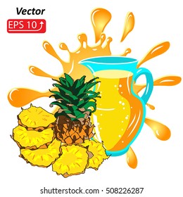 blue green pitcher of  Fresh Pineapple Juice,  fruit juice splash, blot . Sweet smudges splashes drops isolated on white background vector illustration