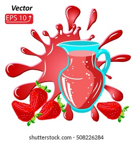 blue green pitcher of  Fresh red strawberry Juice,  fruit juice splash, blot . Sweet smudges splashes  drops isolated on white background vector illustration