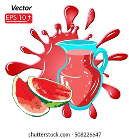 blue green pitcher of  Fresh red watermelon Juice,  fruit juice splash, blot . Sweet smudges splashes  drops isolated on white background vector illustration