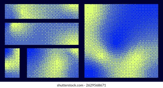 Conjunto de plano de fundo de textura bitmap pixelada verde azul. Pixel art retro, padrão de pontilhamento de falha, plano de fundo de 8 bits. Lazer ou arcade jogos moldura de borda duotônica. Ilustração vetorial

