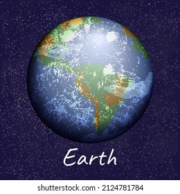 Blue green planet Earth with clouds on dark blue space background. Vector realistic illustration of cosmic object from solar system, with caption