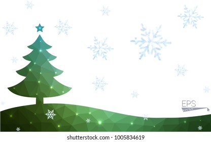 Blue, green postcard low polygon style christmas tree vector illustration consisting of triangles. Abstract polygonal origami or crystal design of New Years celebration. Isolated on white background.