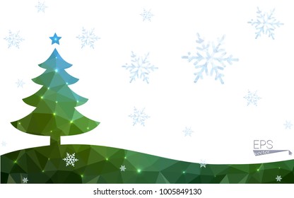 Blue, green postcard low polygon style christmas tree vector illustration consisting of triangles. Abstract polygonal origami or crystal design of New Years celebration. Isolated on white background.