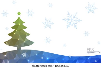Blue, green postcard low polygon style christmas tree vector illustration consisting of triangles. Abstract polygonal origami or crystal design of New Years celebration. Isolated on white background.