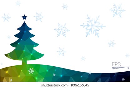 Blue, green postcard low polygon style christmas tree vector illustration consisting of triangles. Abstract polygonal origami or crystal design of New Years celebration. Isolated on white background.
