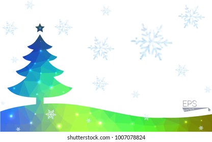 Blue, green postcard low polygon style christmas tree vector illustration consisting of triangles. Abstract polygonal origami or crystal design of New Years celebration. Isolated on white background.