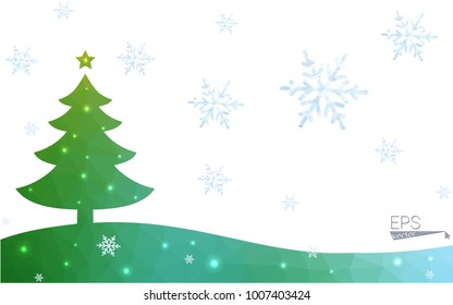 Blue, green postcard low polygon style christmas tree vector illustration consisting of triangles. Abstract polygonal origami or crystal design of New Years celebration. Isolated on white background.