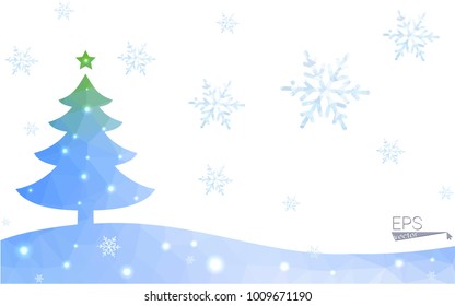 Blue, green postcard low polygon style christmas tree vector illustration consisting of triangles. Abstract polygonal origami or crystal design of New Years celebration. Isolated on white background.