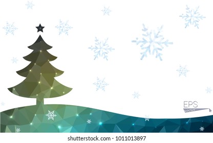 Blue, green postcard low polygon style christmas tree vector illustration consisting of triangles. Abstract polygonal origami or crystal design of New Years celebration. Isolated on white background.