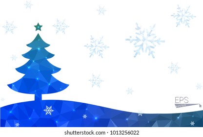 Blue, green postcard low polygon style christmas tree vector illustration consisting of triangles. Abstract polygonal origami or crystal design of New Years celebration. Isolated on white background.