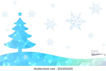 Blue, green postcard low polygon style christmas tree vector illustration consisting of triangles. Abstract polygonal origami or crystal design of New Years celebration. Isolated on white background.