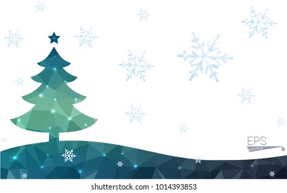 Blue, green postcard low polygon style christmas tree vector illustration consisting of triangles. Abstract polygonal origami or crystal design of New Years celebration. Isolated on white background.