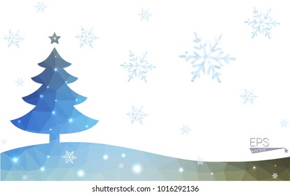 Blue, green postcard low polygon style christmas tree vector illustration consisting of triangles. Abstract polygonal origami or crystal design of New Years celebration. Isolated on white background.
