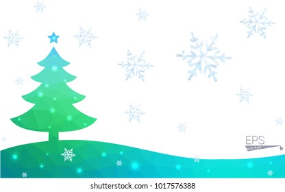 Blue, green postcard low polygon style christmas tree vector illustration consisting of triangles. Abstract polygonal origami or crystal design of New Years celebration. Isolated on white background.