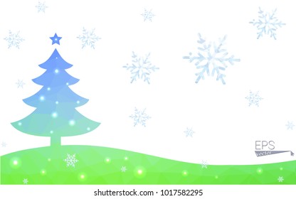 Blue, green postcard low polygon style christmas tree vector illustration consisting of triangles. Abstract polygonal origami or crystal design of New Years celebration. Isolated on white background.