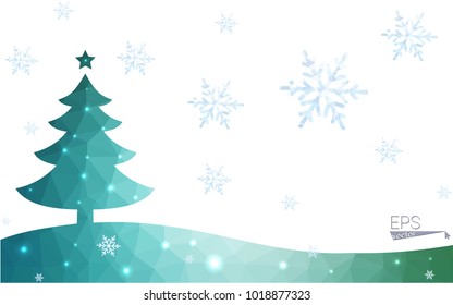 Blue, green postcard low polygon style christmas tree vector illustration consisting of triangles. Abstract polygonal origami or crystal design of New Years celebration. Isolated on white background.