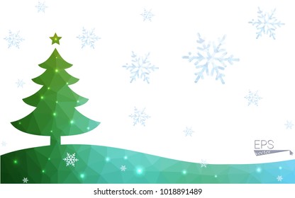 Blue, green postcard low polygon style christmas tree vector illustration consisting of triangles. Abstract polygonal origami or crystal design of New Years celebration. Isolated on white background.