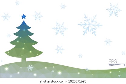 Blue, green postcard low polygon style christmas tree vector illustration consisting of triangles. Abstract polygonal origami or crystal design of New Years celebration. Isolated on white background.