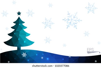 Blue, green postcard low polygon style christmas tree vector illustration consisting of triangles. Abstract polygonal origami or crystal design of New Years celebration. Isolated on white background.