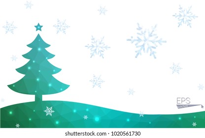 Blue, green postcard low polygon style christmas tree vector illustration consisting of triangles. Abstract polygonal origami or crystal design of New Years celebration. Isolated on white background.