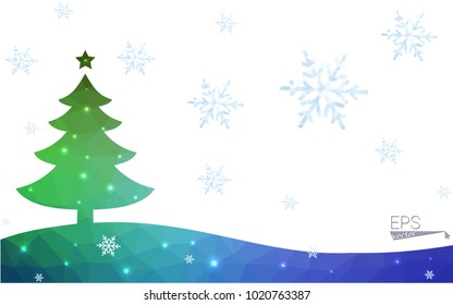 Blue, green postcard low polygon style christmas tree vector illustration consisting of triangles. Abstract polygonal origami or crystal design of New Years celebration. Isolated on white background.