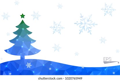 Blue, green postcard low polygon style christmas tree vector illustration consisting of triangles. Abstract polygonal origami or crystal design of New Years celebration. Isolated on white background.
