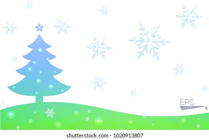Blue, green postcard low polygon style christmas tree vector illustration consisting of triangles. Abstract polygonal origami or crystal design of New Years celebration. Isolated on white background.