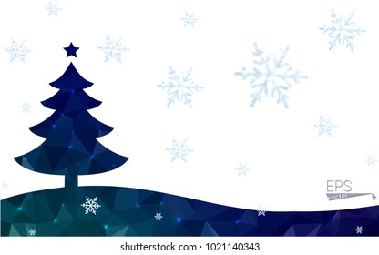 Blue, green postcard low polygon style christmas tree vector illustration consisting of triangles. Abstract polygonal origami or crystal design of New Years celebration. Isolated on white background.