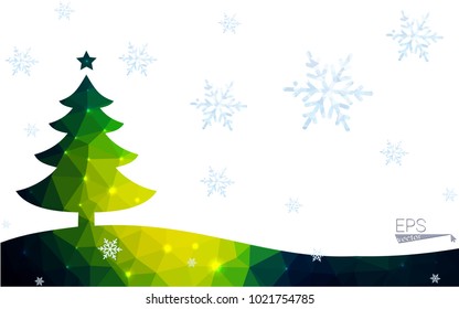 Blue, green postcard low polygon style christmas tree vector illustration consisting of triangles. Abstract polygonal origami or crystal design of New Years celebration. Isolated on white background.