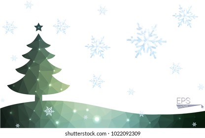 Blue, green postcard low polygon style christmas tree vector illustration consisting of triangles. Abstract polygonal origami or crystal design of New Years celebration. Isolated on white background.
