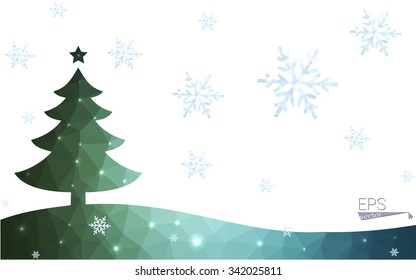 Blue, green postcard low polygon style christmas tree vector illustration consisting of triangles. Abstract polygonal origami or crystal design of New Years celebration. Isolated on white background.