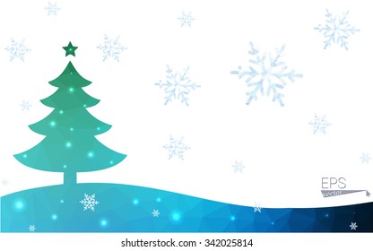 Blue, green postcard low polygon style christmas tree vector illustration consisting of triangles. Abstract polygonal origami or crystal design of New Years celebration. Isolated on white background.