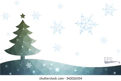Blue, green postcard low polygon style christmas tree vector illustration consisting of triangles. Abstract polygonal origami or crystal design of New Years celebration. Isolated on white background.
