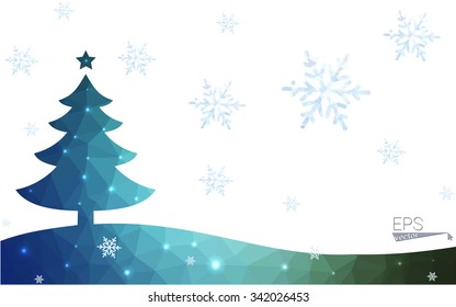 Blue, green postcard low polygon style christmas tree vector illustration consisting of triangles. Abstract polygonal origami or crystal design of New Years celebration. Isolated on white background.