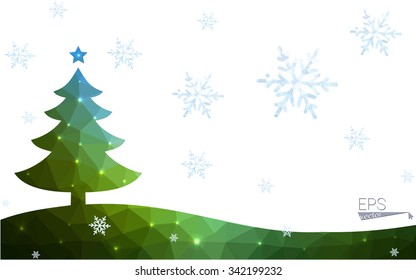 Blue, green postcard low polygon style christmas tree vector illustration consisting of triangles. Abstract polygonal origami or crystal design of New Years celebration. Isolated on white background.