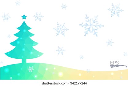 Blue, green postcard low polygon style christmas tree vector illustration consisting of triangles. Abstract polygonal origami or crystal design of New Years celebration. Isolated on white background.