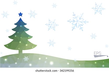 Blue, green postcard low polygon style christmas tree vector illustration consisting of triangles. Abstract polygonal origami or crystal design of New Years celebration. Isolated on white background.