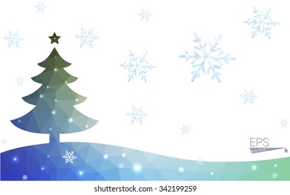 Blue, green postcard low polygon style christmas tree vector illustration consisting of triangles. Abstract polygonal origami or crystal design of New Years celebration. Isolated on white background.
